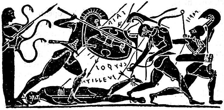 Line drawing of a Chalcidian black-figure vase showing Ajax and other warriors fighting over the fallen body of Achilles, whose name is inscribed in Greek, ca. 6th century BCE.