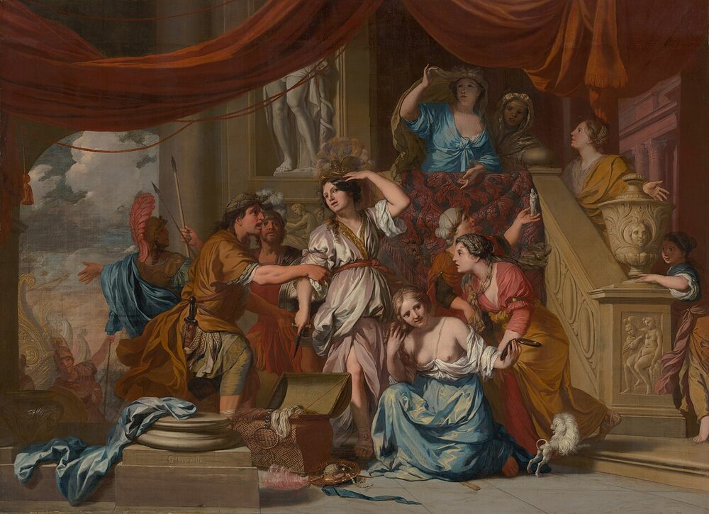 Achilles, hidden in disguise among the daughters of Lycomedes on Skyros, is unmasked when he seizes a sword; oil on canvas by Gerard de Lairesse, ca. 1685.