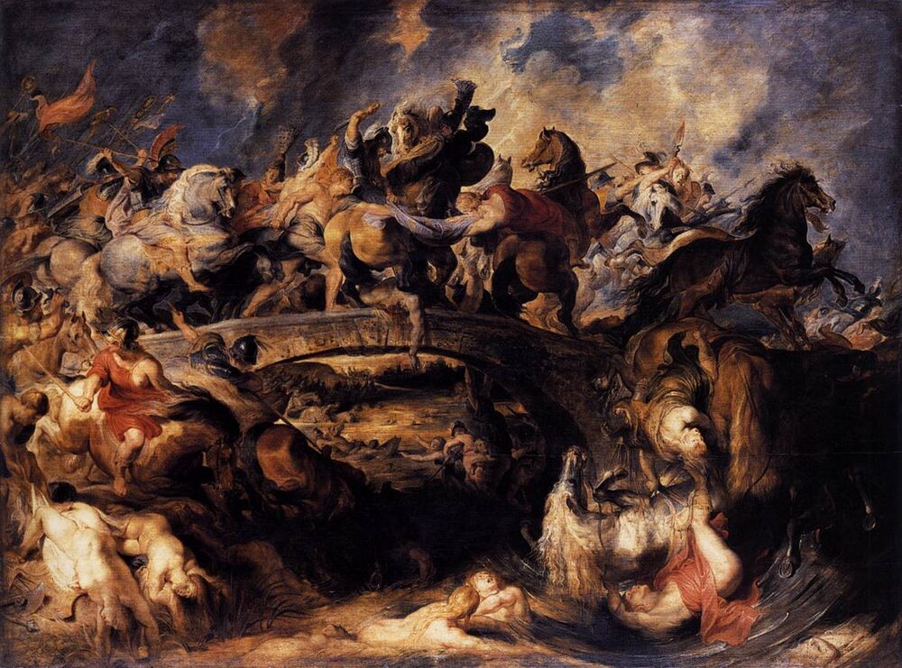 Rubens's swirling "Battle of the Amazons": the warrior-women clash with Greek cavalry at a bridge, oil on panel, 1618.