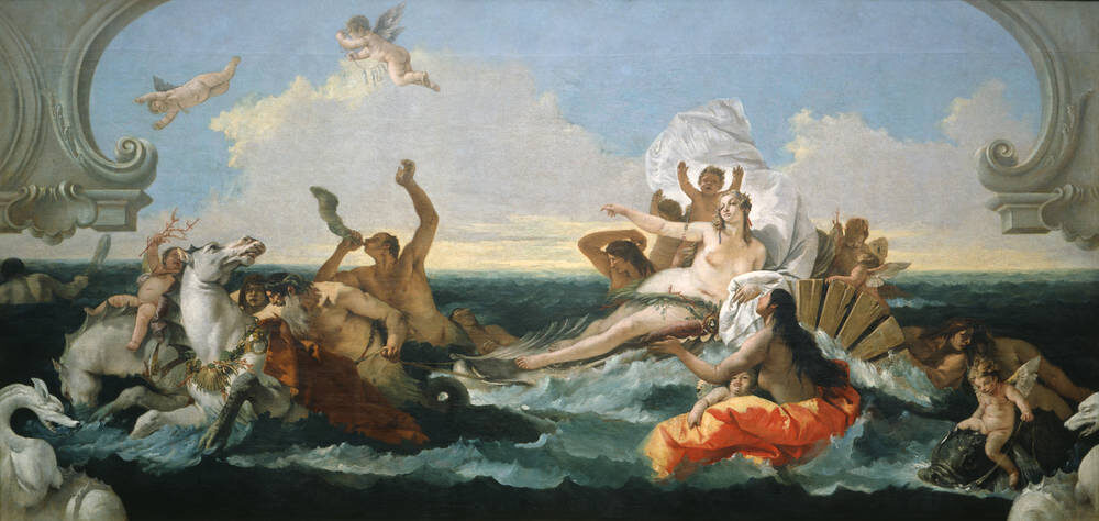 The sea-goddess Amphitrite borne over the waves on a shell chariot drawn by sea-horses, amid tritons and nereids; oil by Giovanni Battista Tiepolo, ca. 1740.