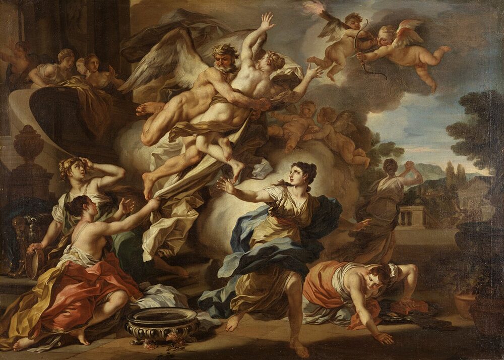 The winged wind-god Boreas, one of the Anemoi, carrying the princess Orithyia aloft; oil after Francesco Solimena, ca. 1730.