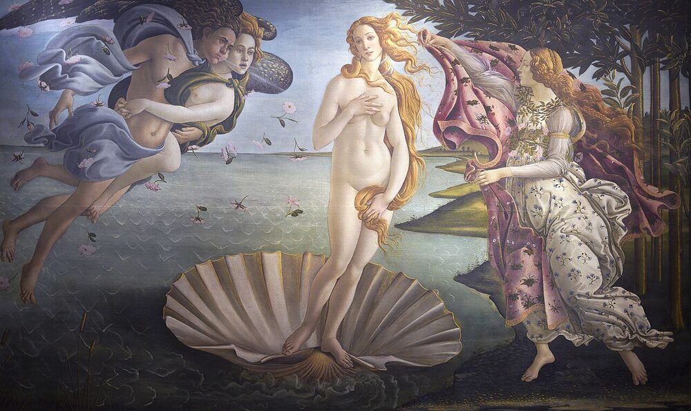 Botticelli's "The Birth of Venus": Aphrodite arrives on a scallop shell blown ashore by the winds, tempera on canvas, ca. 1485.