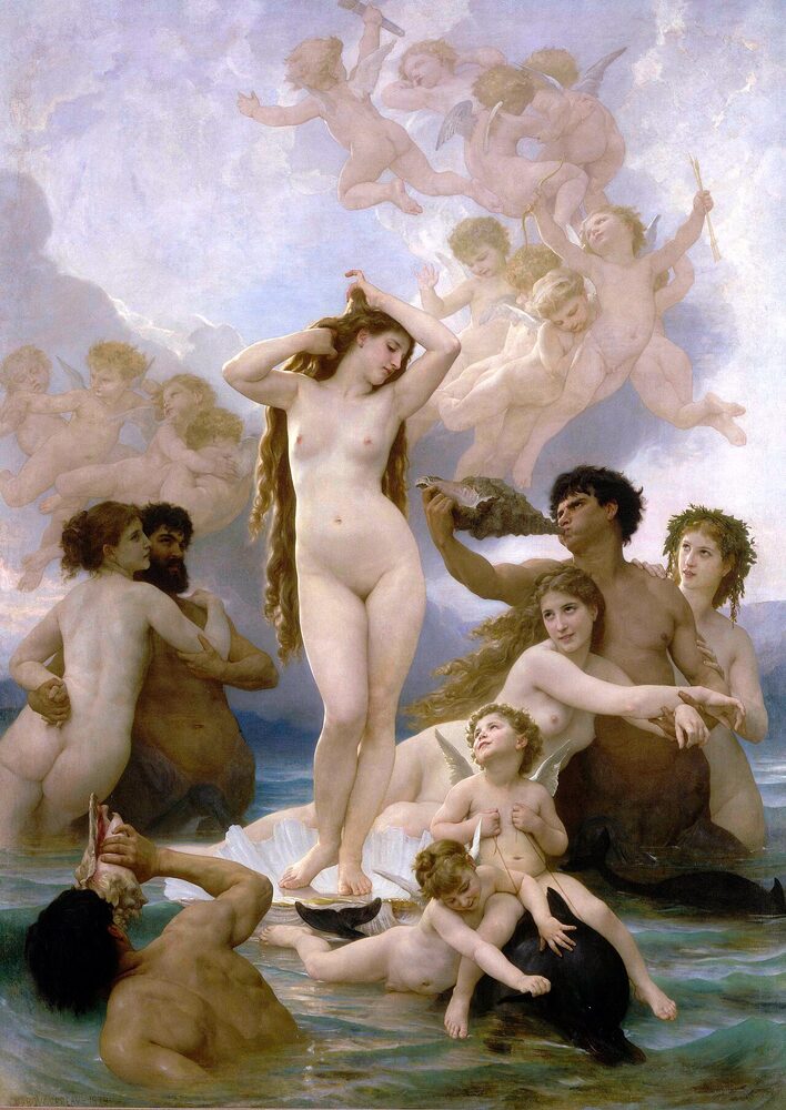 Bouguereau's "The Birth of Venus": the goddess rises from the sea on a shell amid nereids, tritons, and cupids, oil on canvas, 1879.