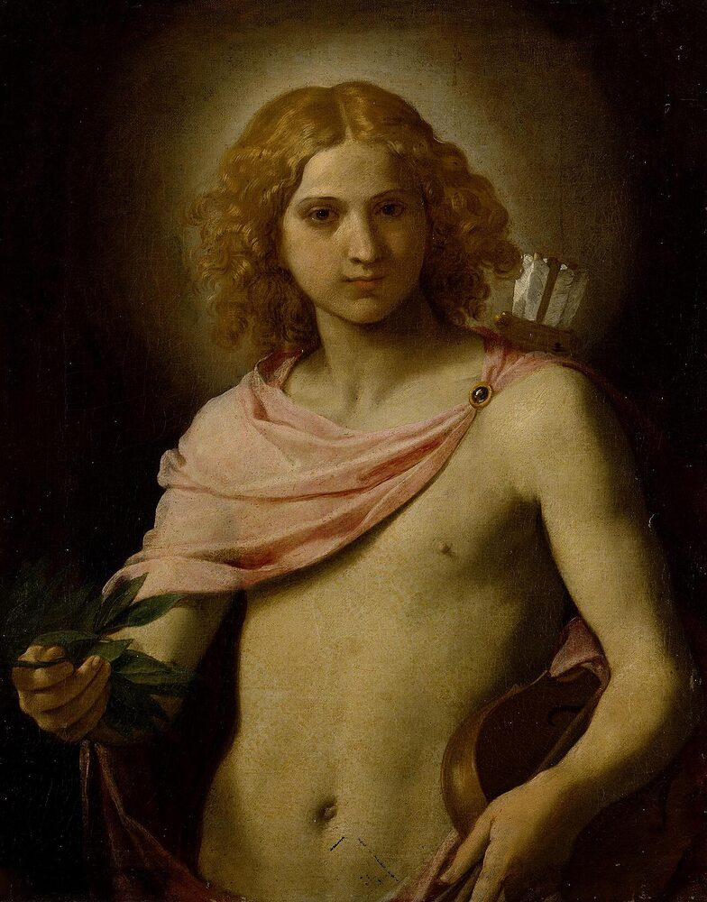 The youthful Apollo with laurel branch, a quiver of arrows at his shoulder, and his lyre; oil by Simone Cantarini, early 17th century.