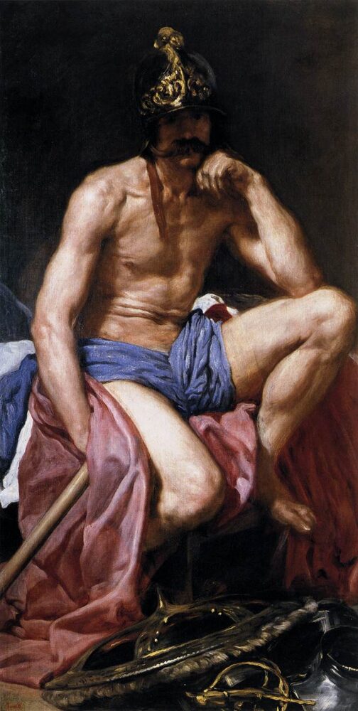 Velázquez's brooding "Mars" (Ares): the war-god seated in a plumed helmet with his armour and weapons set aside, oil on canvas, ca. 1638.