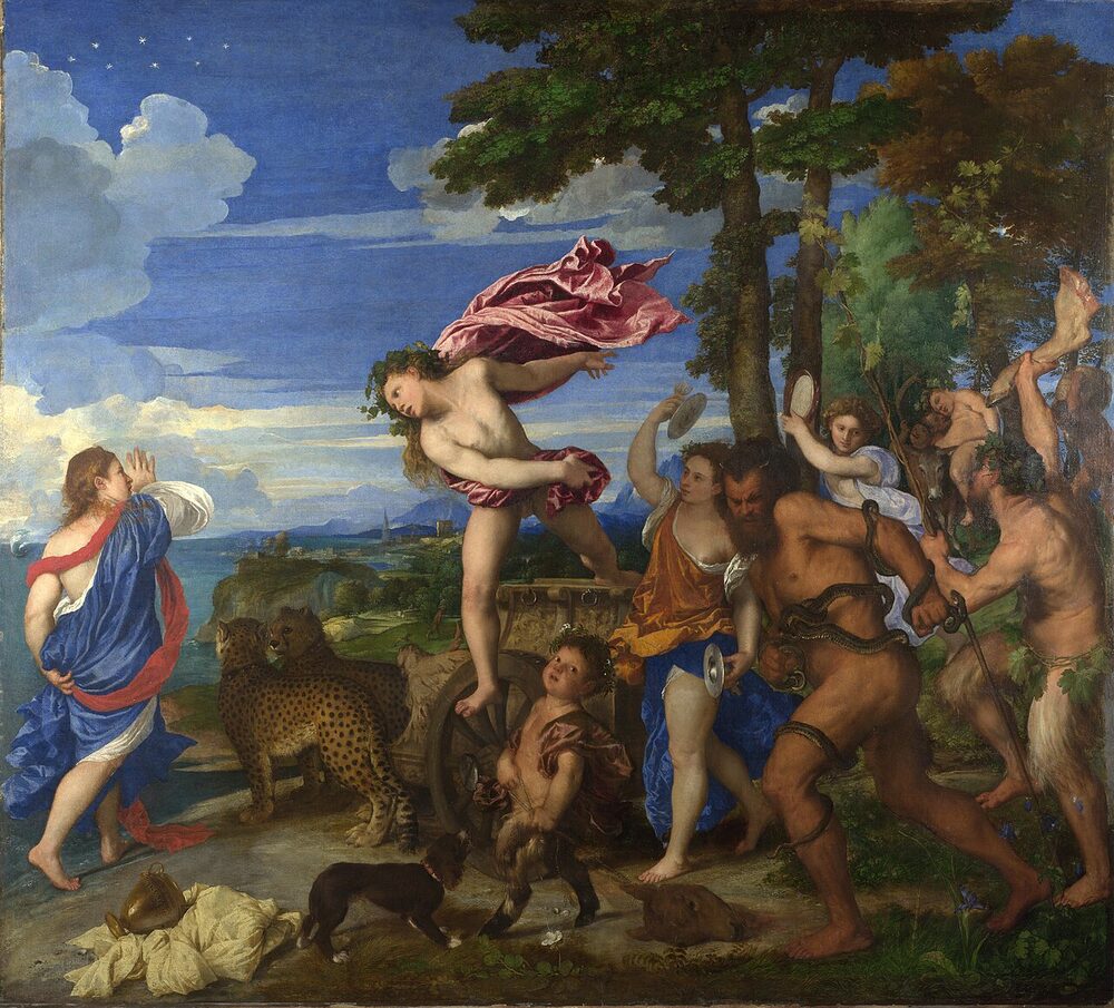 Titian's "Bacchus and Ariadne": Ariadne, abandoned on Naxos, turns in alarm as the wine-god Bacchus leaps from his chariot toward her, oil on canvas, 1520–23.