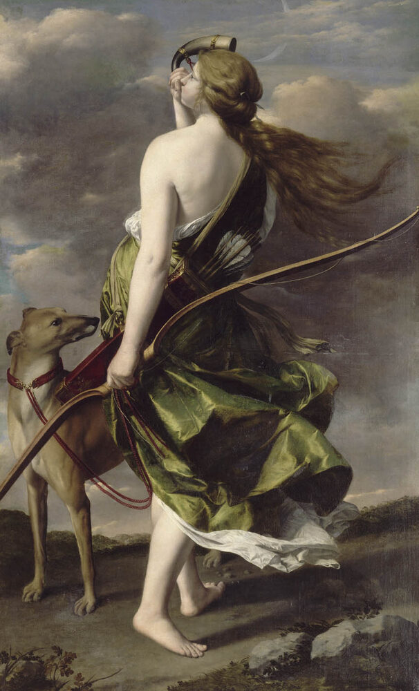 Diana (Artemis) the huntress striding with her bow, quiver, and hound while raising a hunting horn; oil by Orazio Gentileschi, early 17th century.