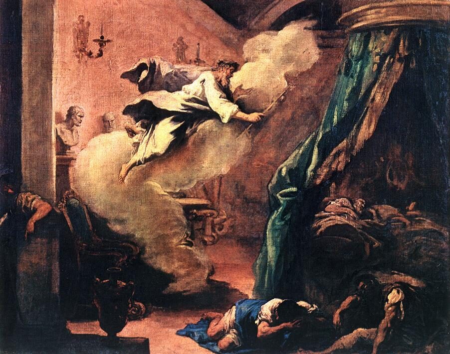 The healing god Asclepius (Aesculapius) descending in a dream to sleeping supplicants, evoking the incubation cure practiced at his temples; oil by Sebastiano Ricci, ca. 1710.