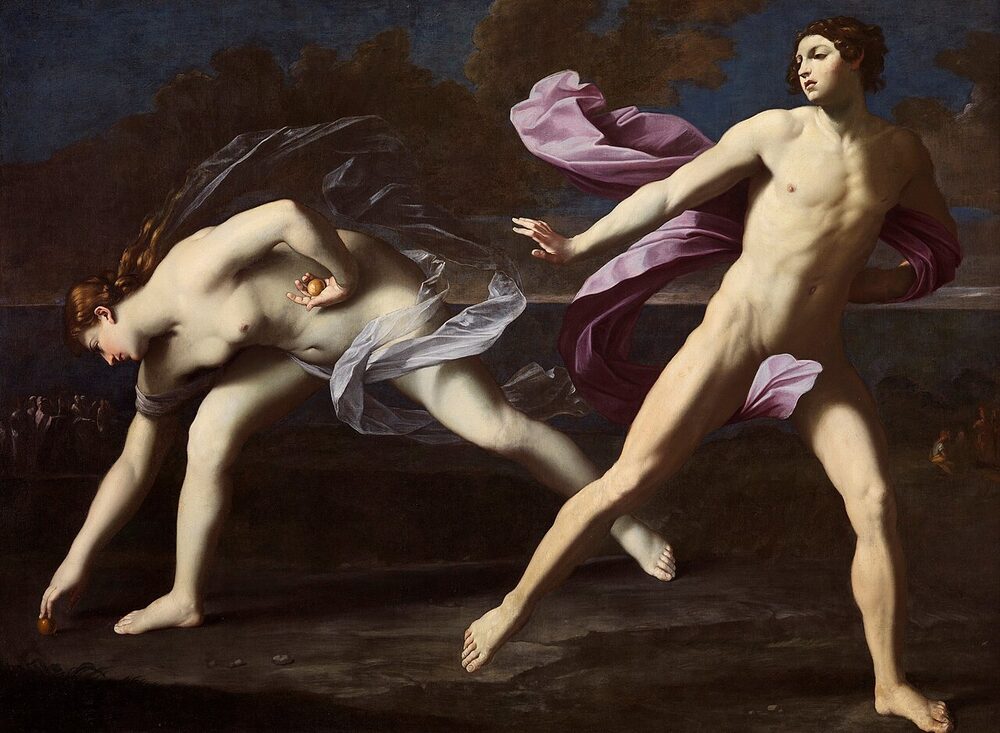 Oil painting of Atalanta stooping to seize a golden apple as Hippomenes races past, Guido Reni, ca. 1620-1625.