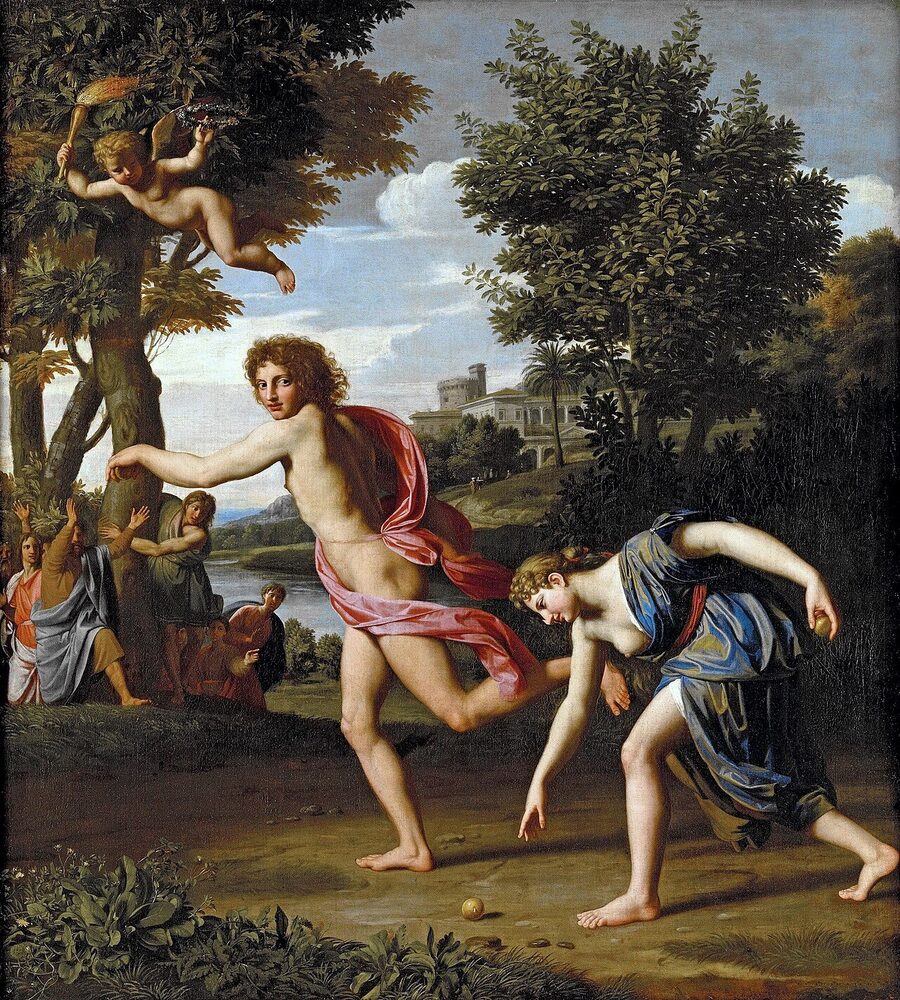 Oil painting of the footrace of Atalanta and Hippomenes with scattered golden apples, Nicolas Colombel, ca. 1680.