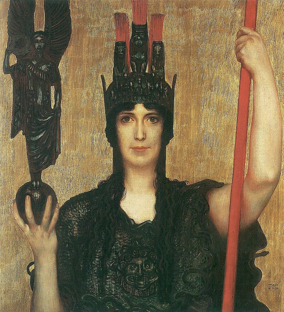 Oil painting of Athena in crested helmet with spear, Gorgoneion aegis and winged Nike, Franz von Stuck, 1898.