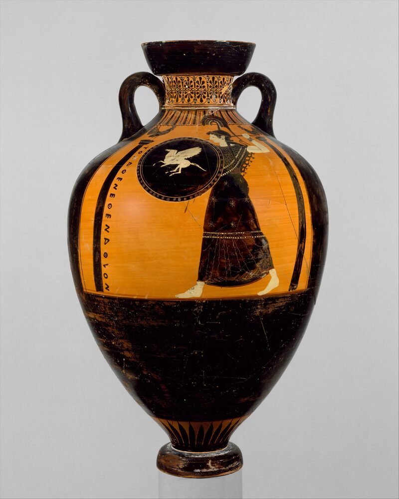 Black-figure Panathenaic prize amphora showing Athena Promachos striding with shield and spear, attributed to the Kleophrades Painter, ca. 500 BCE.