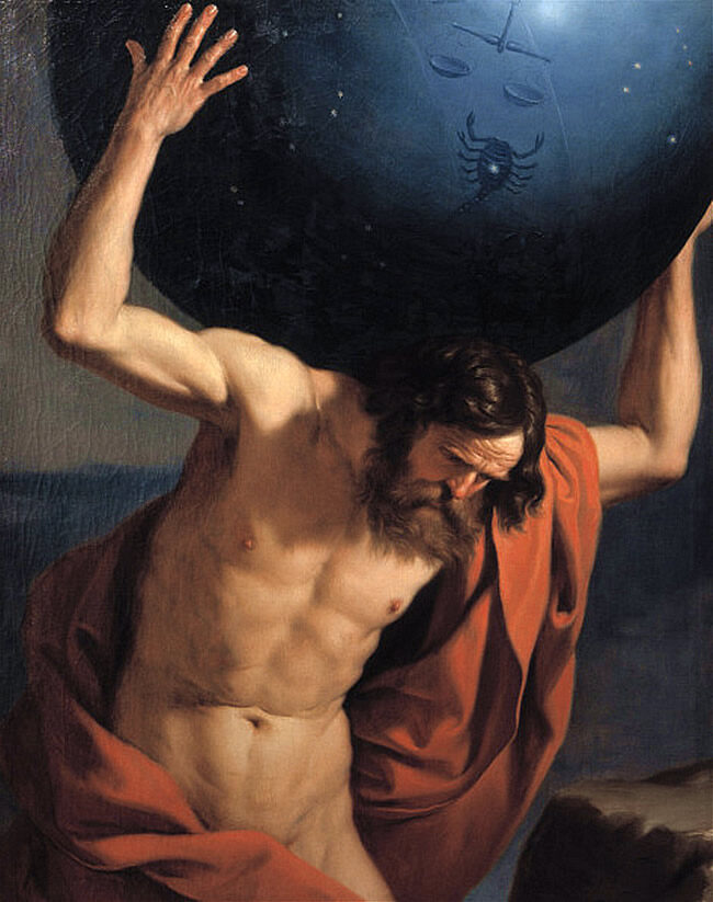 Oil painting of the bearded Titan Atlas straining to bear the star-mapped celestial globe, Guercino, 1646.