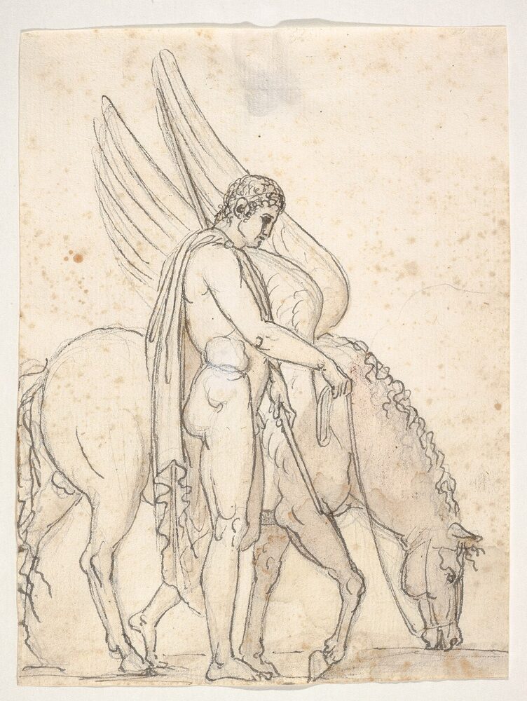 Drawing of the hero Bellerophon standing beside the winged horse Pegasus, Bertel Thorvaldsen, ca. 1790-1844.