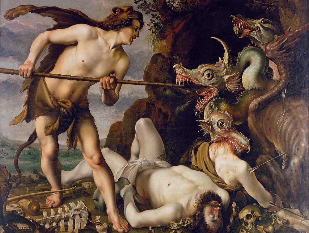 Oil painting of Cadmus in a lionskin thrusting a spear at the multi-headed dragon of Ares, Hendrik Goltzius, ca. 1573-1617.