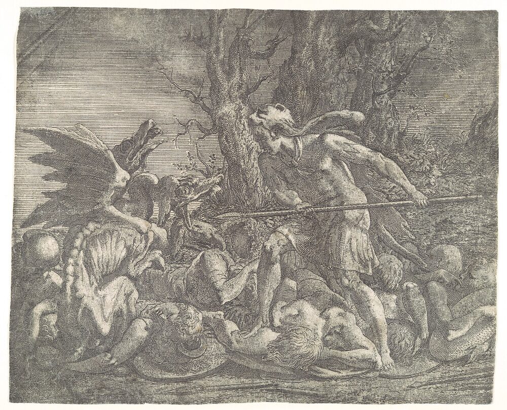 Engraving of Cadmus killing the dragon among fallen companions, Leon Davent after Francesco Primaticcio, ca. 1540.