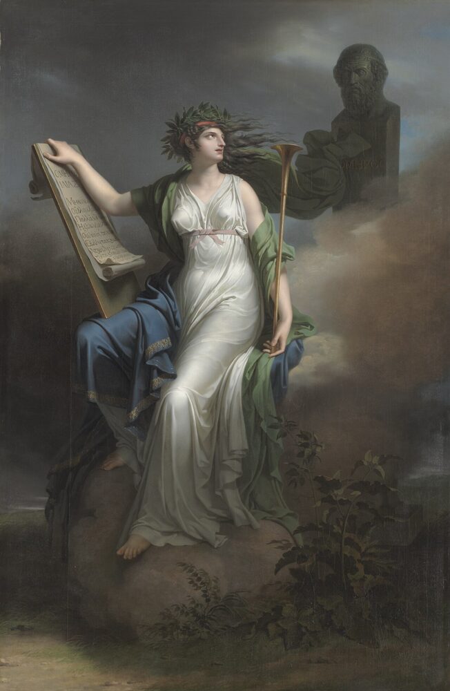 Oil painting of Calliope, Muse of Epic Poetry, holding a scroll of the Iliad and a trumpet before a bust of Homer, Charles Meynier, 1798.