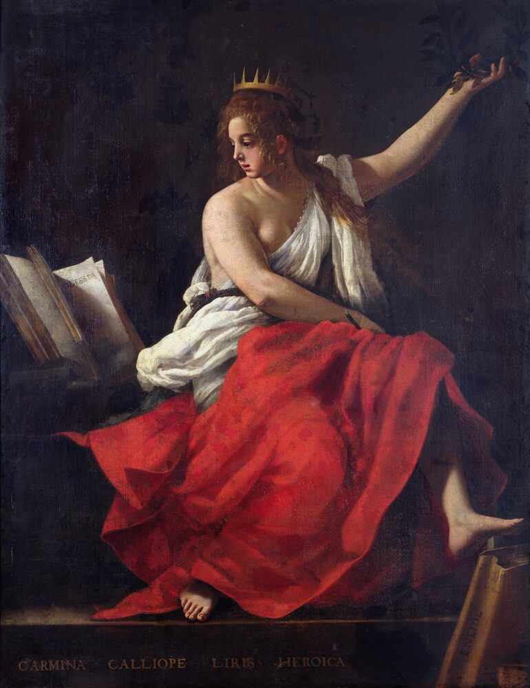 Oil painting of the crowned Muse Calliope with books of the Odyssey and Aeneid, inscribed CARMINA CALLIOPE, Giovanni Baglione, 1620.