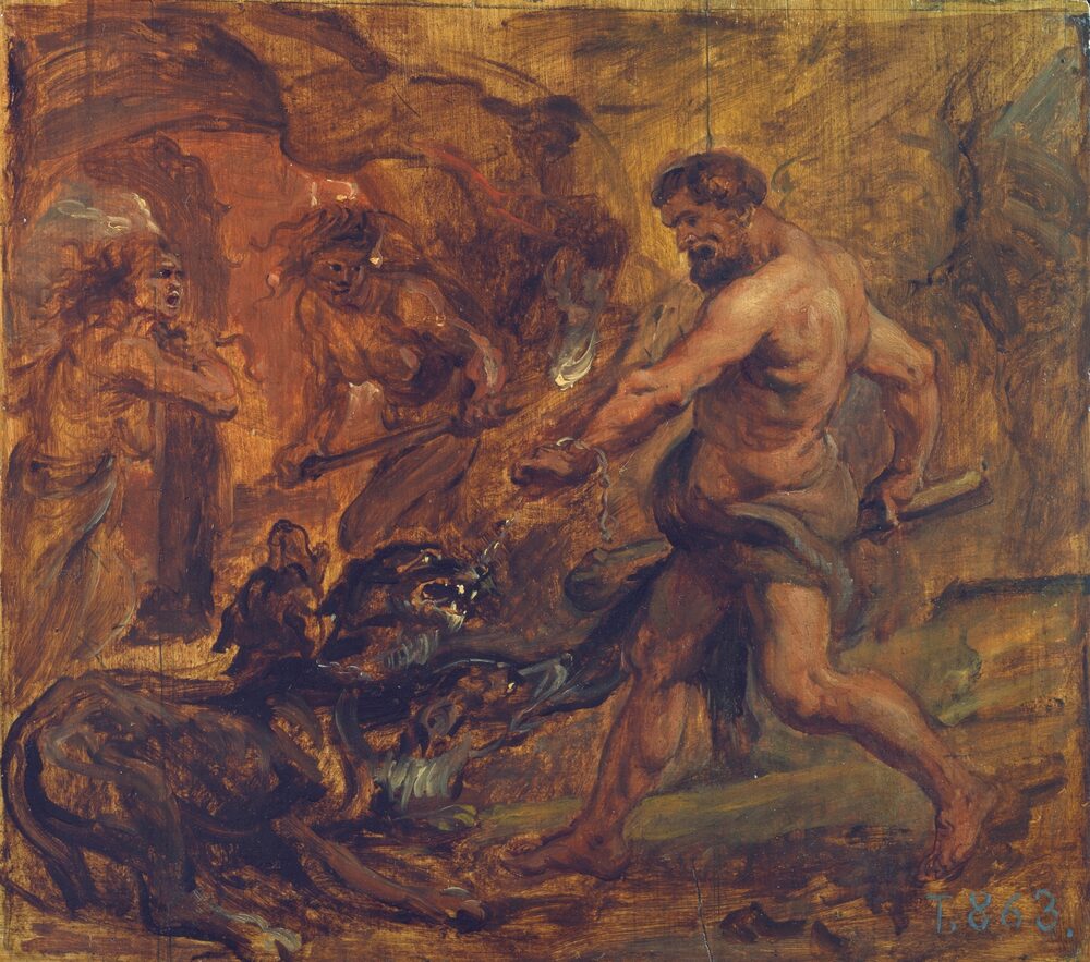 Oil sketch of Heracles dragging the multi-headed hound Cerberus from the underworld, Peter Paul Rubens, 1636-1637.