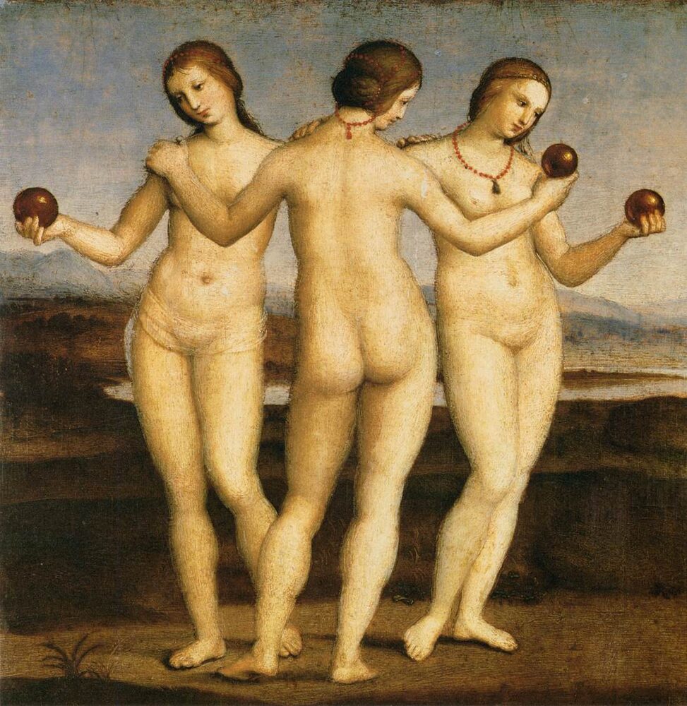 Oil painting of the three nude Graces holding golden apples, by Raphael, ca. 1504-1505.