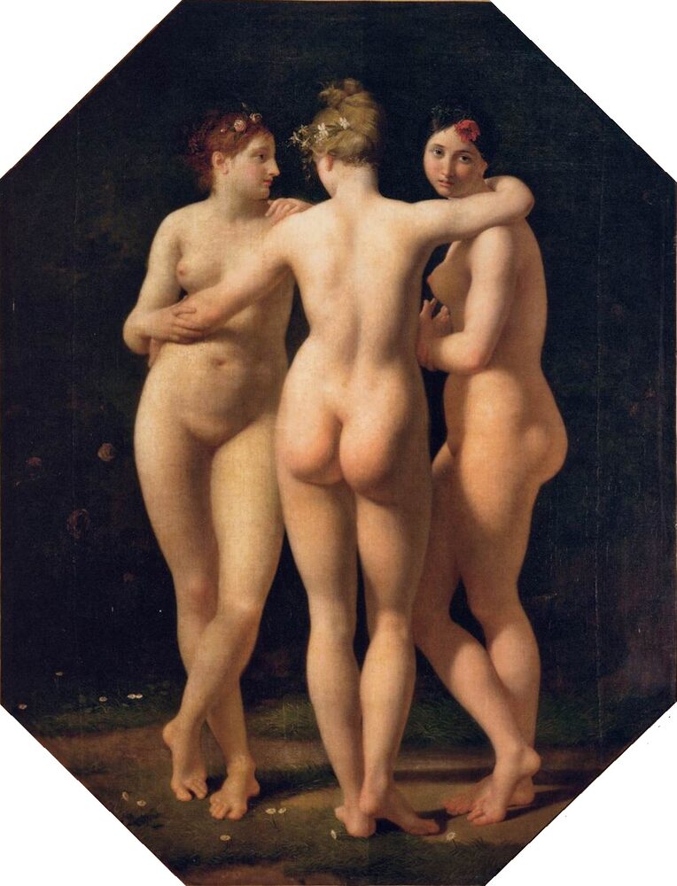 Neoclassical oil painting of the three Graces embracing in a garden, by Jean-Baptiste Regnault, 1793.