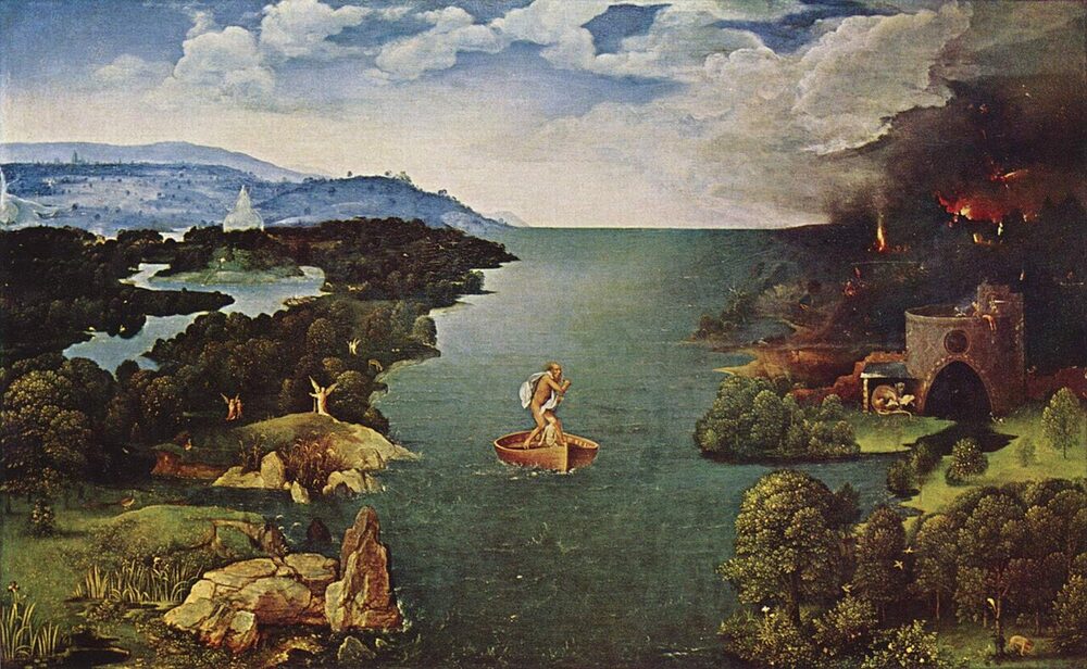 Charon ferries a soul across the river Styx between paradise and hell; oil on panel by Joachim Patinir, ca. 1520-24.