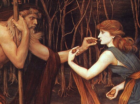 The bearded ferryman Charon receiving Psyche's coin at the underworld river; oil painting by J. R. Spencer Stanhope, 1883.