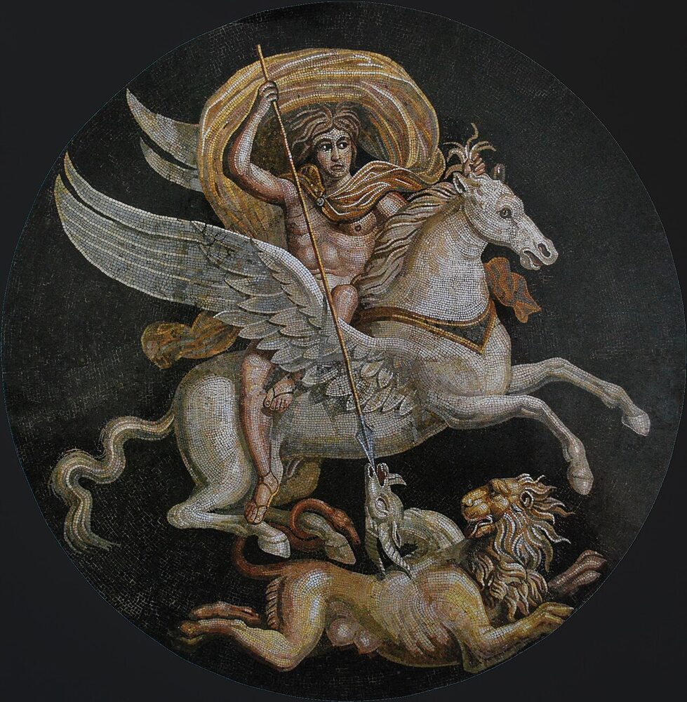 Roman mosaic of Bellerophon on the winged Pegasus spearing the Chimera below, 2nd-3rd century CE.
