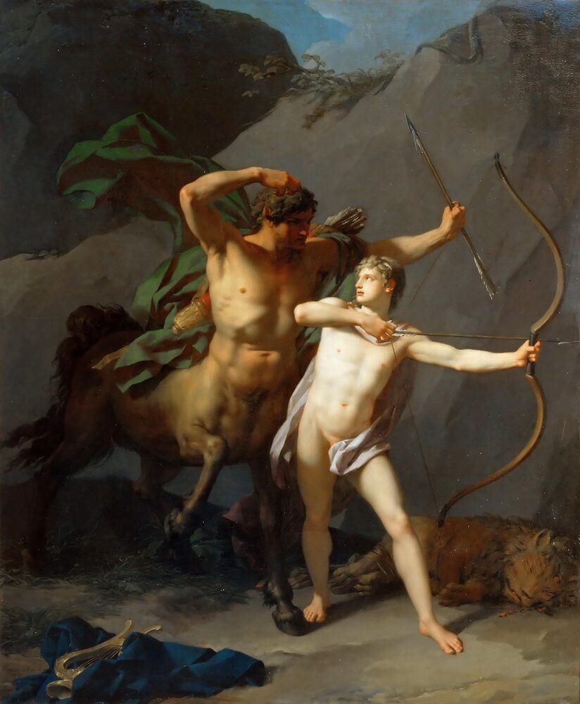 The centaur Chiron teaching the young Achilles archery; oil painting by Jean-Baptiste Regnault, 1782.