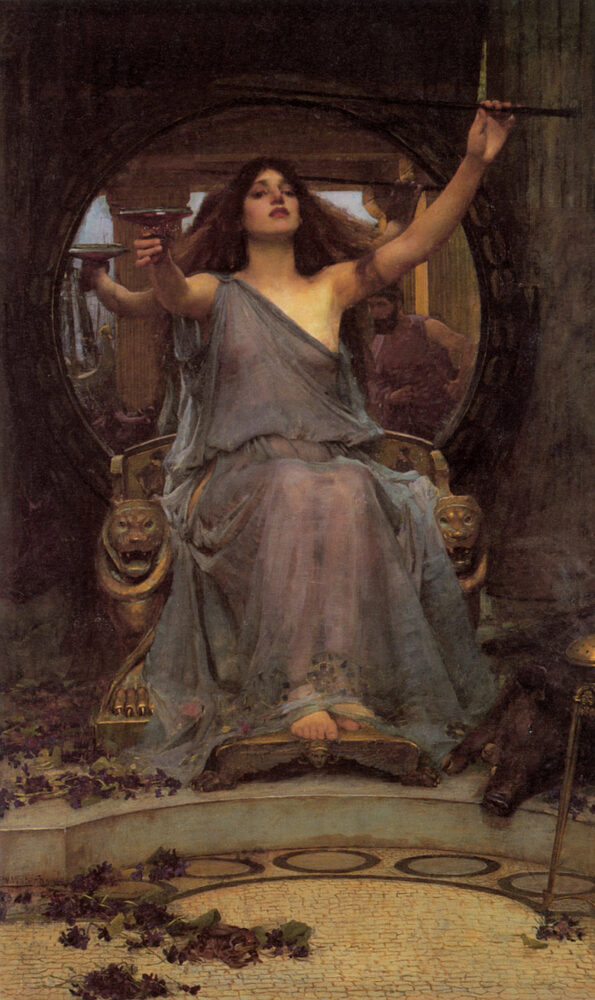 The enchantress Circe enthroned, raising her wand and offering the drugged cup, with Odysseus reflected behind; oil painting by J. W. Waterhouse, 1891.
