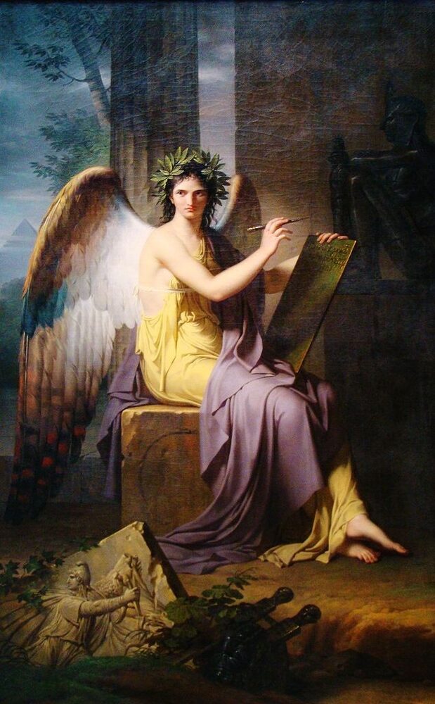 The winged, laurel-crowned Muse Clio recording history on a tablet; oil painting by Charles Meynier, ca. 1798.