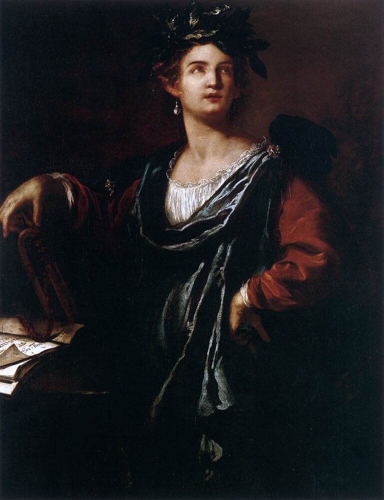 Clio crowned with laurel, holding a trumpet and resting on a history book; oil painting by Artemisia Gentileschi, 1632.