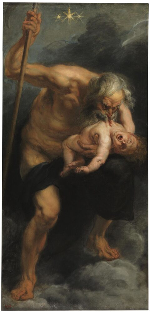 Saturn (Cronus) with his scythe devouring one of his children; oil painting by Peter Paul Rubens, 1636-38.