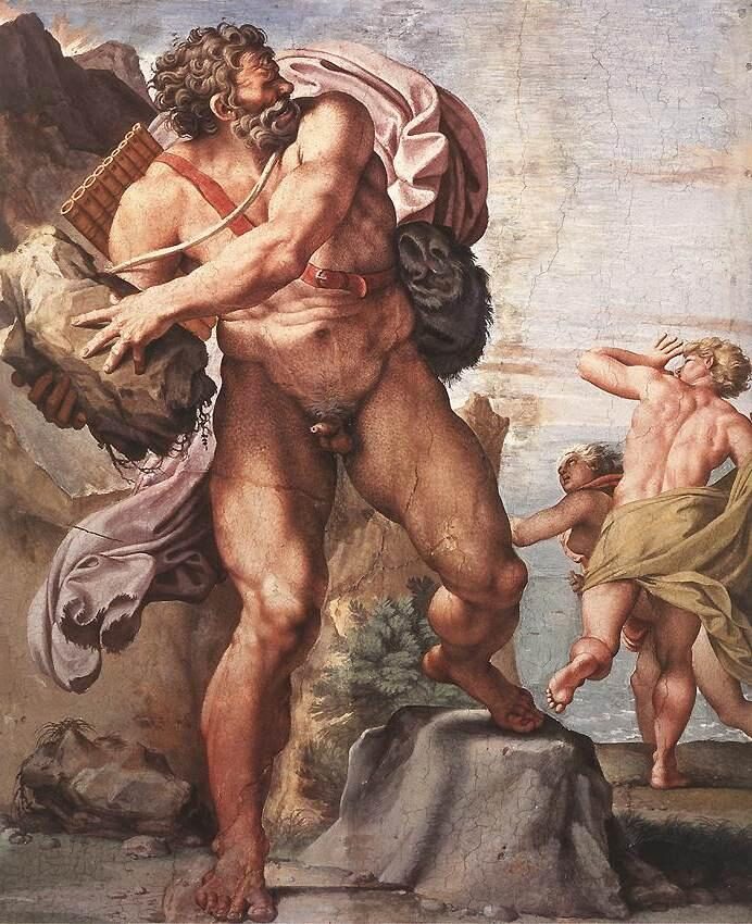Fresco of the one-eyed Cyclops Polyphemus, panpipes on his back, hurling a rock at Acis and Galatea, by Annibale Carracci, ca. 1595–1605.