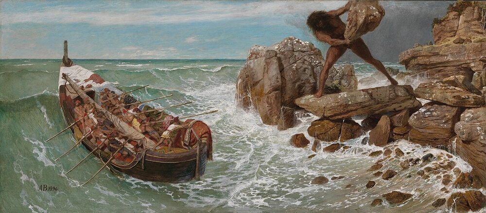 Oil painting of the Cyclops Polyphemus hurling a boulder at Odysseus' fleeing ship, by Arnold Böcklin, 1896.