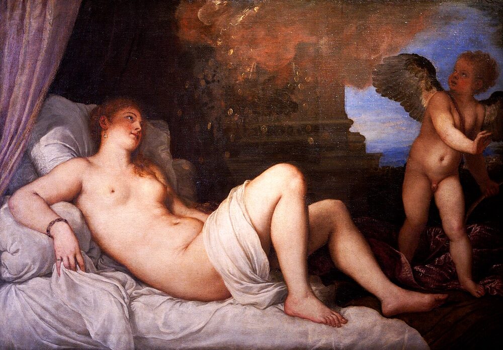 Oil painting of Danaë reclining as Zeus descends upon her in a shower of gold, with Cupid beside her, by Titian, ca. 1544–1546.