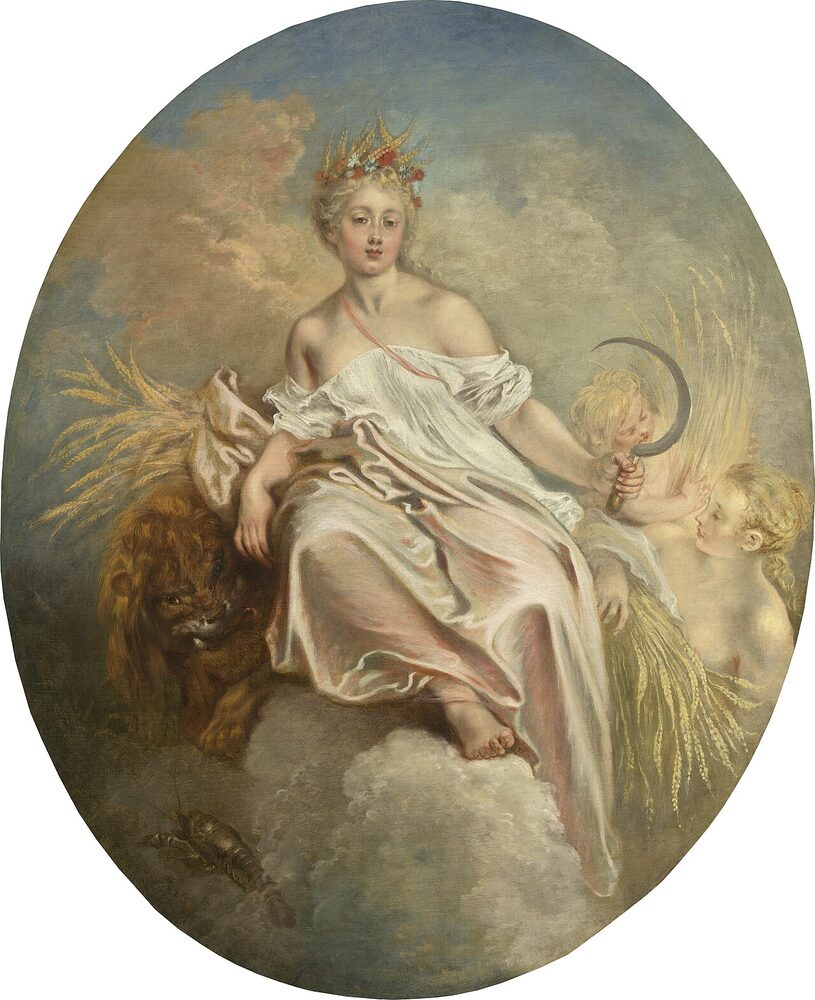 Oil painting of Ceres (Demeter) crowned with wheat and flowers amid the summer harvest, putti bearing a sickle, by Antoine Watteau, ca. 1717–1718.