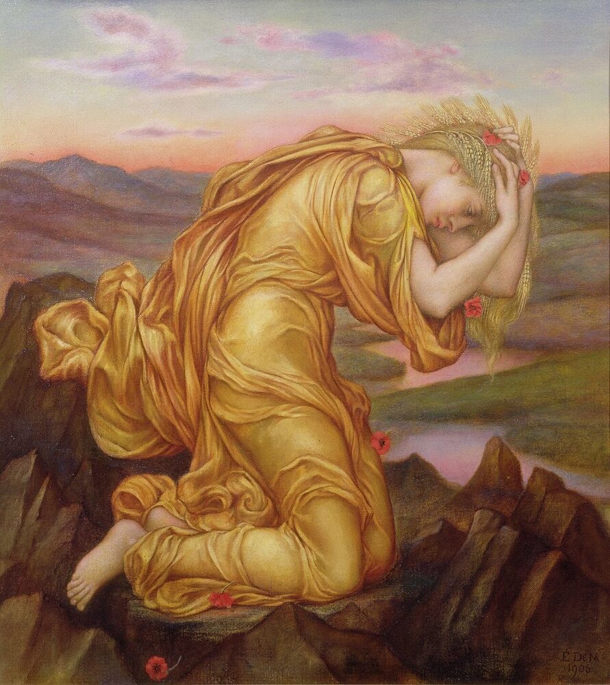 Oil painting of Demeter, wheat-crowned and scattered with poppies, mourning her lost daughter Persephone, by Evelyn De Morgan, 1906.