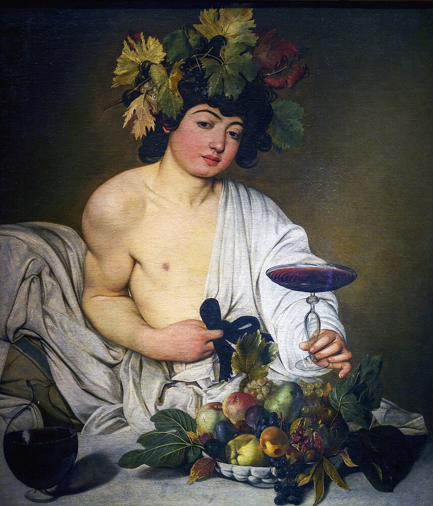 Oil painting of the youthful Bacchus (Dionysus), wreathed in vine leaves and grapes, offering a cup of wine, by Caravaggio, ca. 1596.