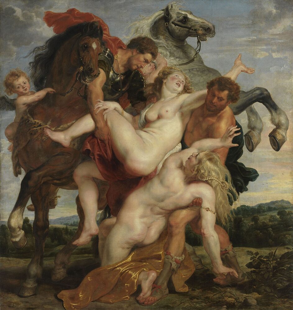 Oil painting of the Dioscuri, Castor and Pollux, on horseback seizing the daughters of Leucippus, by Peter Paul Rubens, ca. 1618.