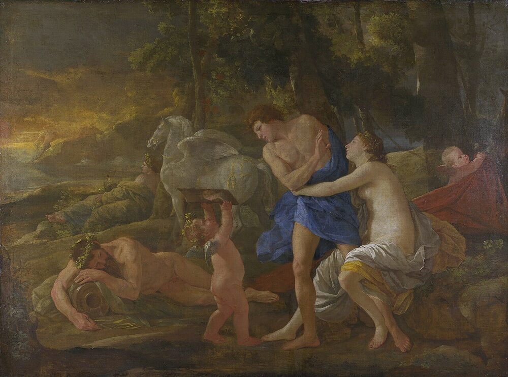 Oil painting of the dawn-goddess Aurora (Eos) embracing Cephalus beside her dawn-horses as the sun breaks, by Nicolas Poussin, ca. 1630.