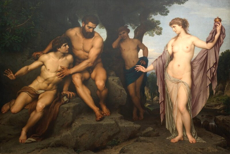 Oil painting of the Titan brothers Prometheus and Epimetheus confronting Pandora, who holds her golden jar, by Hermann Julius Schlösser, 19th century.