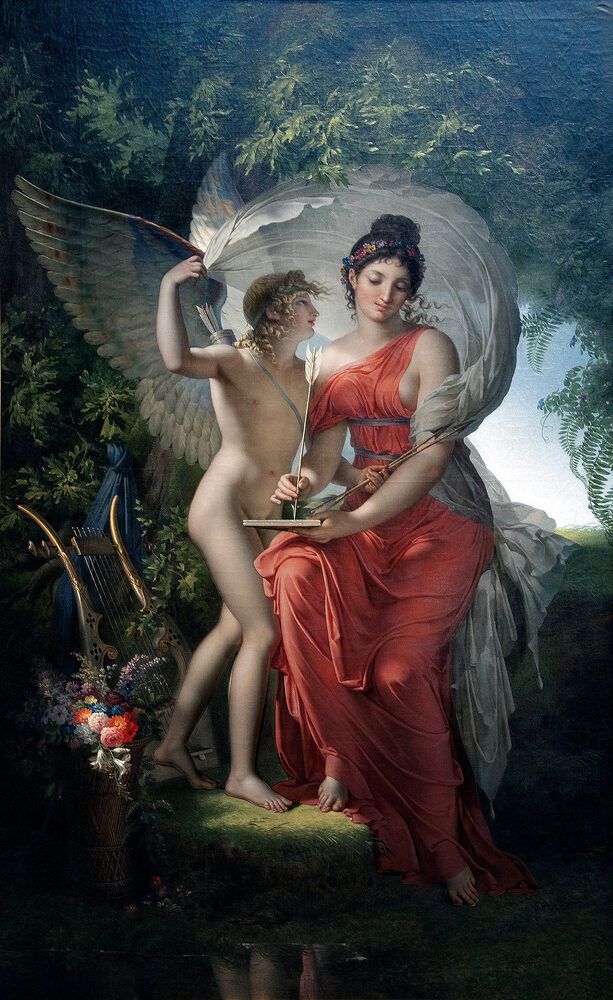 Oil painting of Erato, Muse of lyric poetry, with a golden lyre, flowers, and the young winged Eros, by Charles Meynier, 1800.