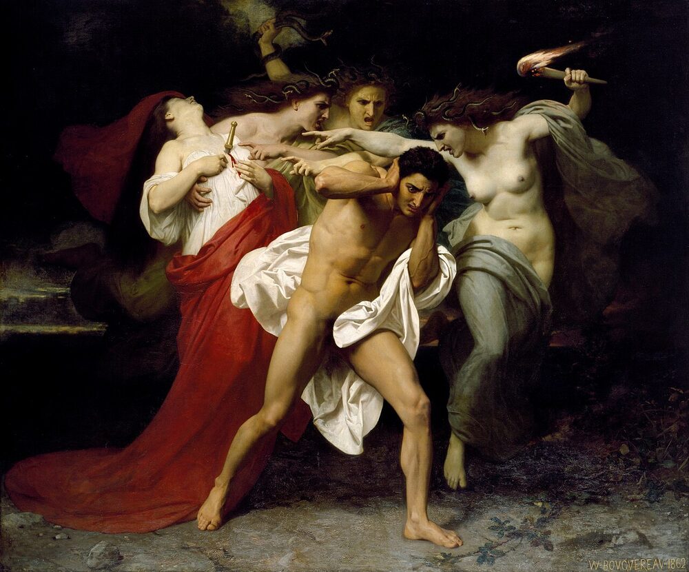 Oil painting of the snake-haired Erinyes (Furies), one brandishing a torch, pursuing the matricide Orestes; William-Adolphe Bouguereau, 1862.