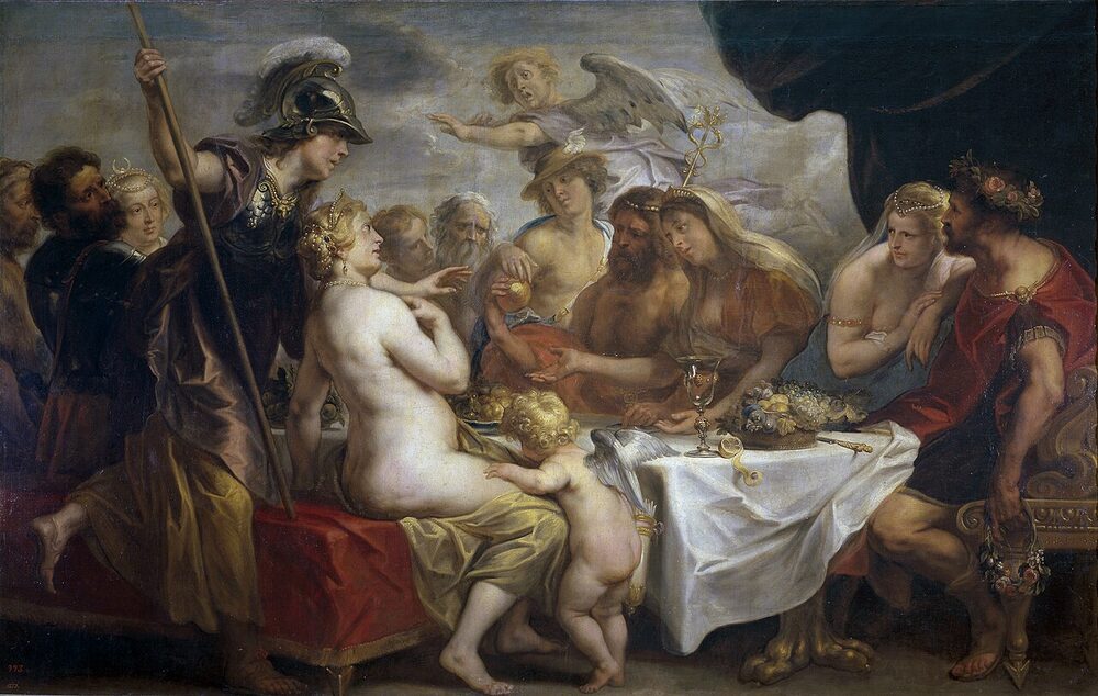 Oil painting of Eris casting the golden apple of discord among the gods at the wedding feast of Peleus and Thetis; Jacob Jordaens, 1633.