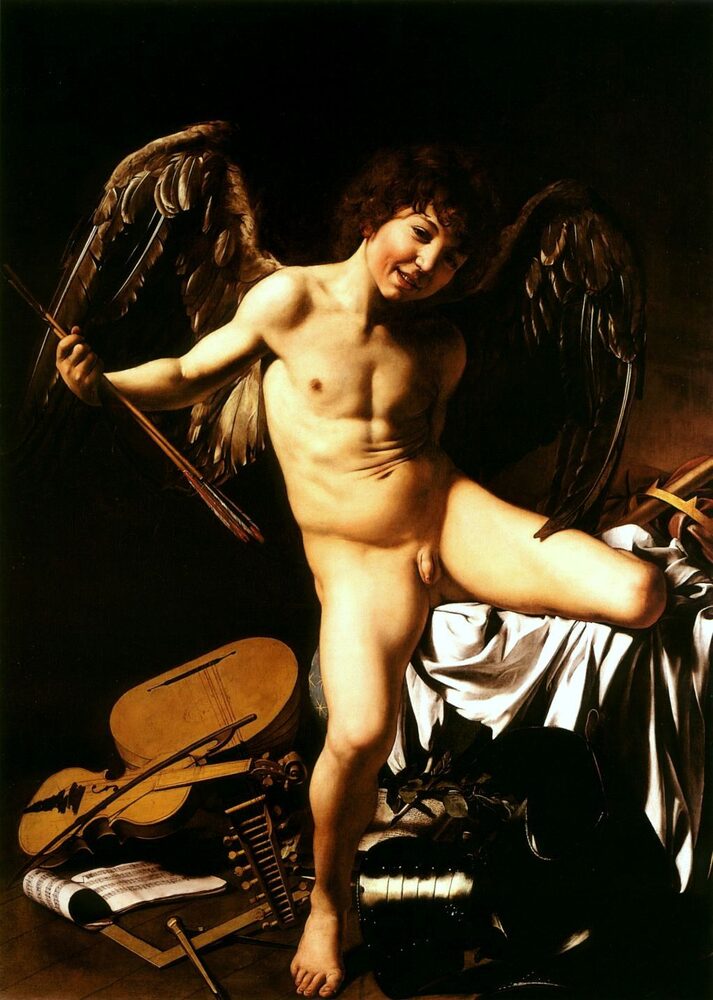 Oil painting of the winged Eros (Amor) triumphant over the arts, arms, and learning of the world; Caravaggio, ca. 1602.