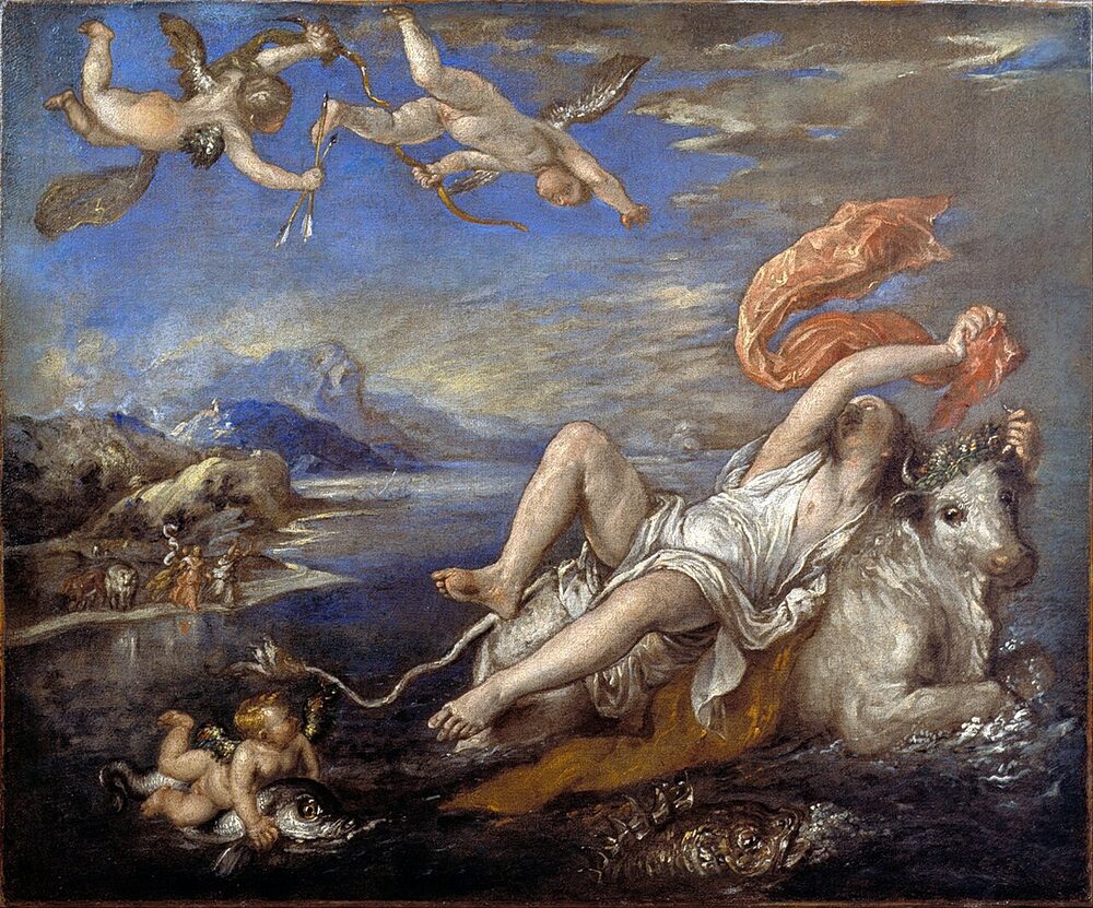 Oil painting of Europa carried across the sea on the back of Zeus disguised as a white bull, cupids overhead; Titian, ca. 1560–62.