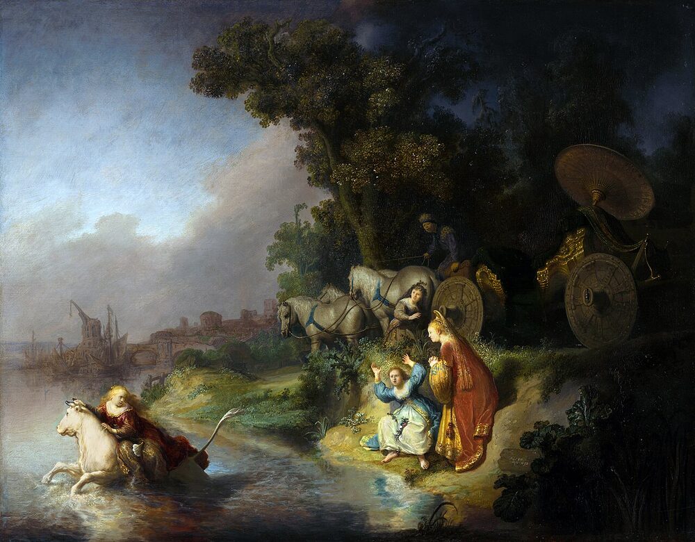 Oil painting of Europa seized by the white bull at the water's edge as her companions recoil in alarm; Rembrandt, 1632.