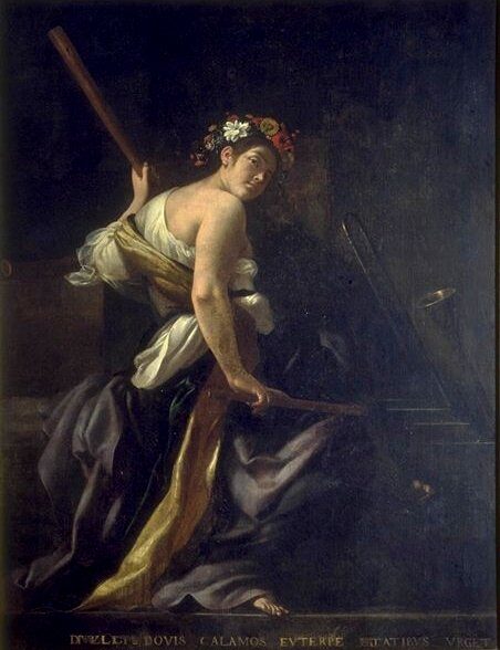 Oil painting of the Muse Euterpe crowned with flowers and holding an aulos (double flute), her name inscribed below; Giovanni Baglione, 1620.
