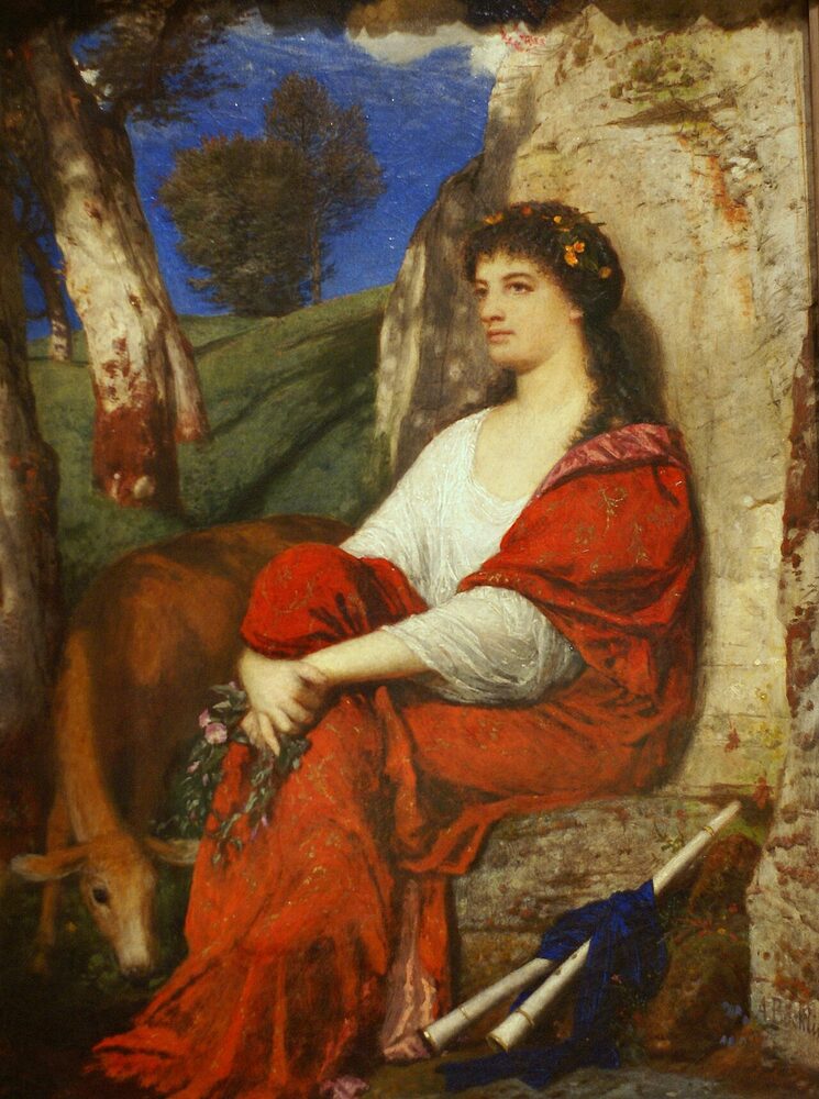 Oil painting of Euterpe seated in a red robe with her ribboned aulos resting beside her; Arnold Böcklin, 1872.